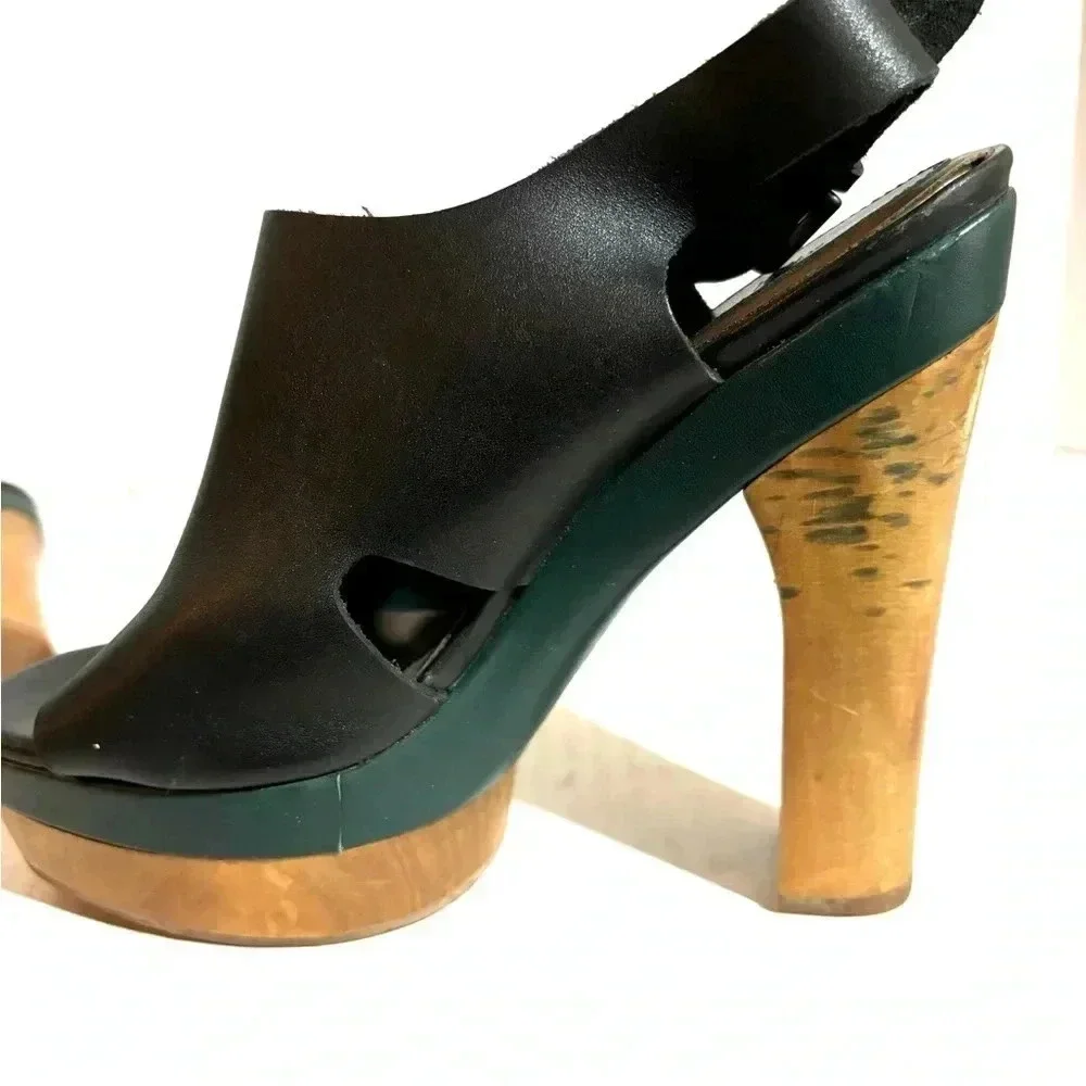 Marni + H&M black green wood leather chunky heel’s platform sandals
